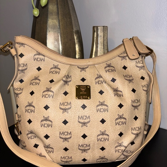 MCM Handbags - MCM Beige and black Logo Shoulder Bag